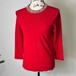 ANN TAYLOR Rhinestone and Pearl Collar Women's Red Crew Neck Sweater NWT PS